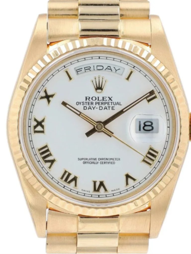 rolex daydate 18238 36mm white roman dial fluted bezel president band